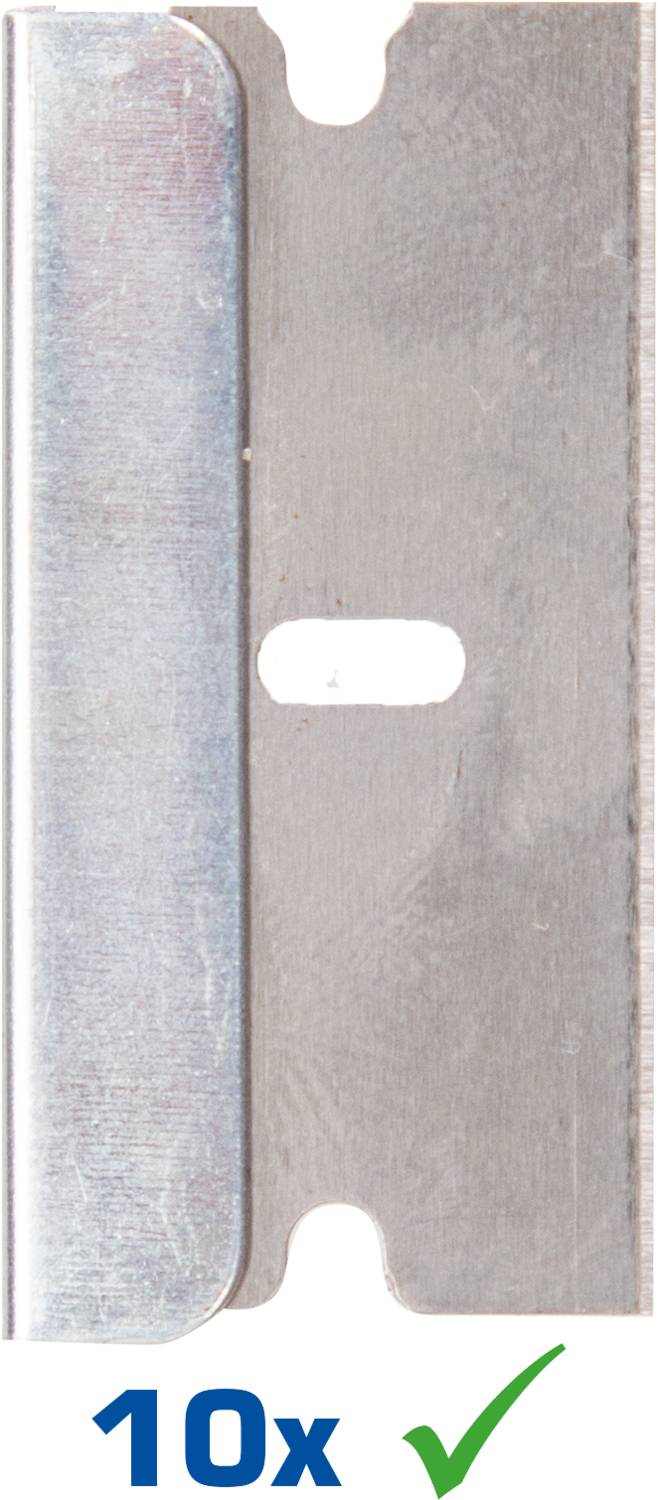 Eine Rasierklinge mit einer Öffnung in der Mitte. Darunter steht '10x' in blauer Schrift und ein grünes Häkchen, das die Menge anzeigt.
