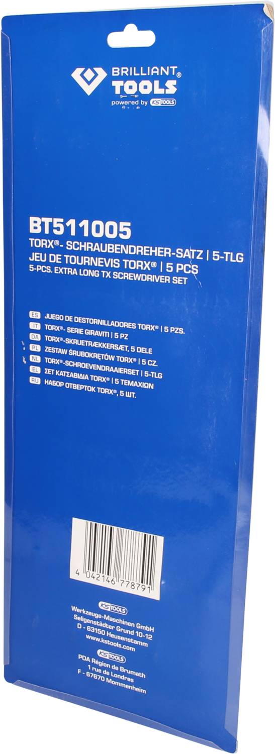 Verpackung eines 5-teiligen Torx-Schraubendreher-Sets, Marke Brilliant Tools, Modell BT511005.