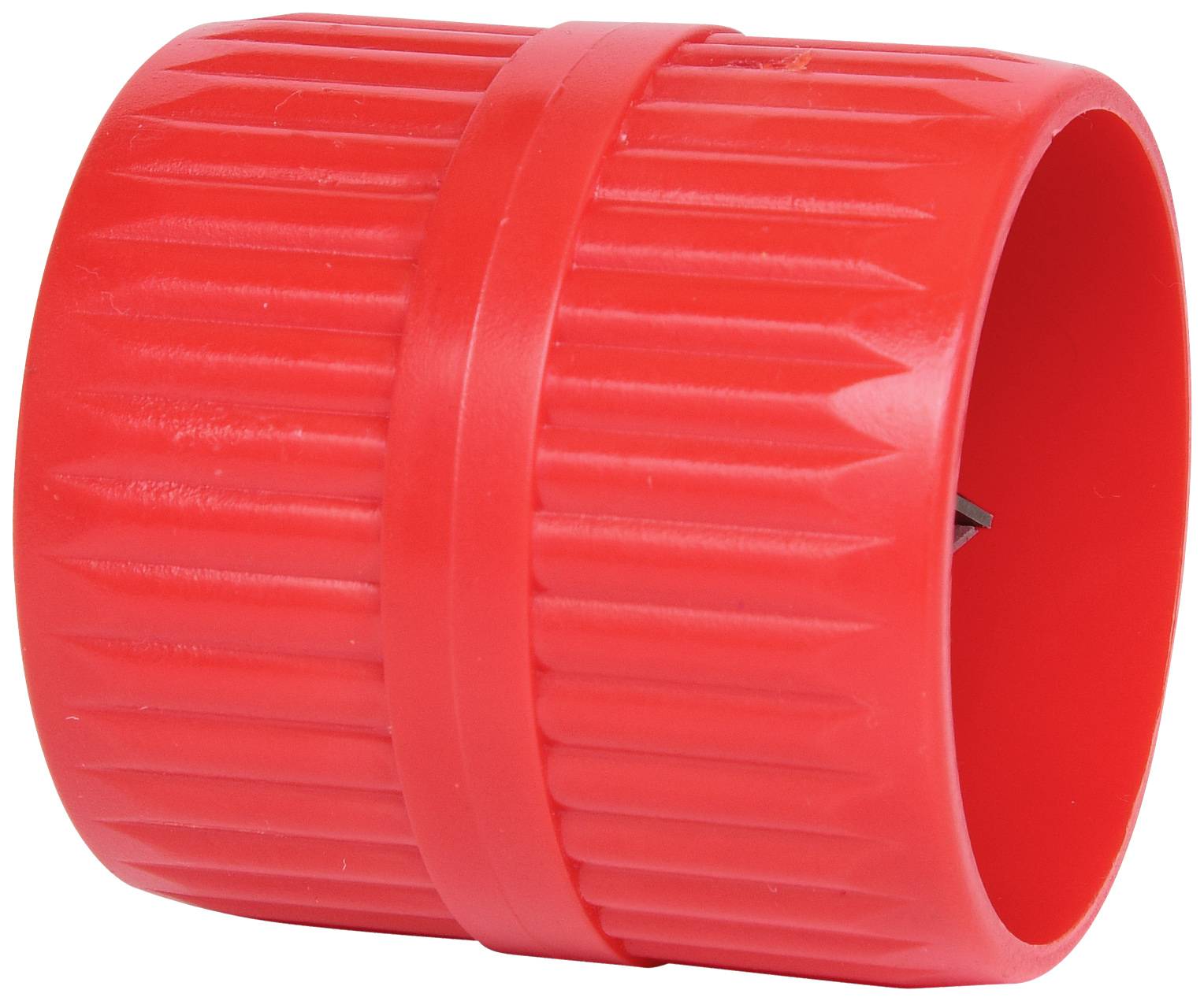 Roter Rohrentgrater mit geriffelter Oberfläche und seitlichem Einschub, dient zum Glätten von Rohrkanten.