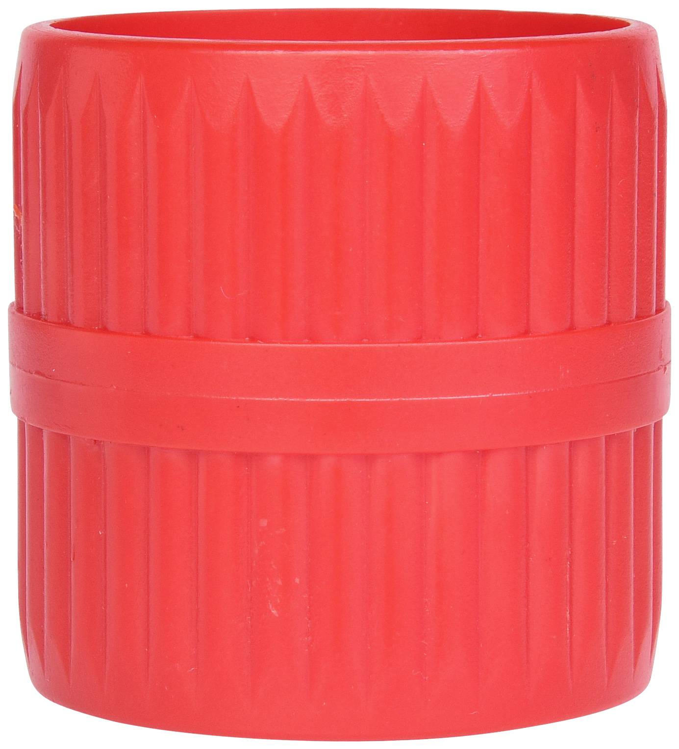 Ein roter, gerippter Zylinder, möglicherweise ein Verschluss oder eine Kappe.