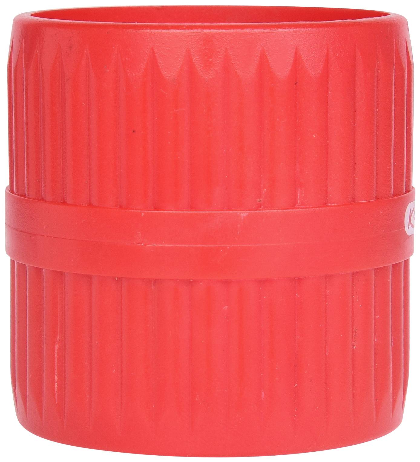 Roter, geriffelter Kunststoffverschluss, zylindrische Form, zur Abdichtung von Behältern.