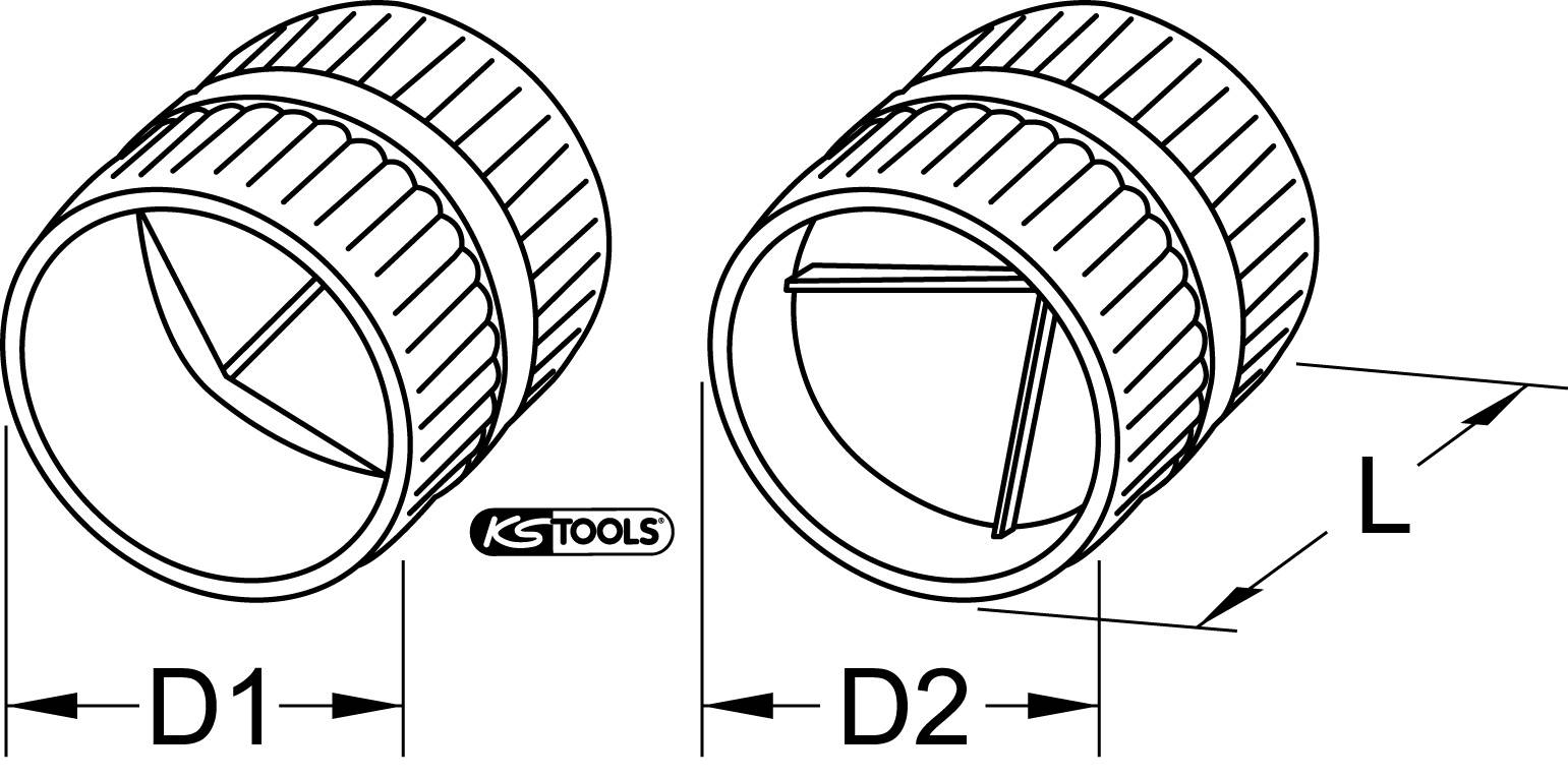 Diagramm von zwei zylindrischen Schneidwerkzeugen, die innen Klingen zeigen. Beide sind mit 'D1', 'D2' und 'L' markiert; das KS Tools-Logo ist ebenfalls sichtbar.