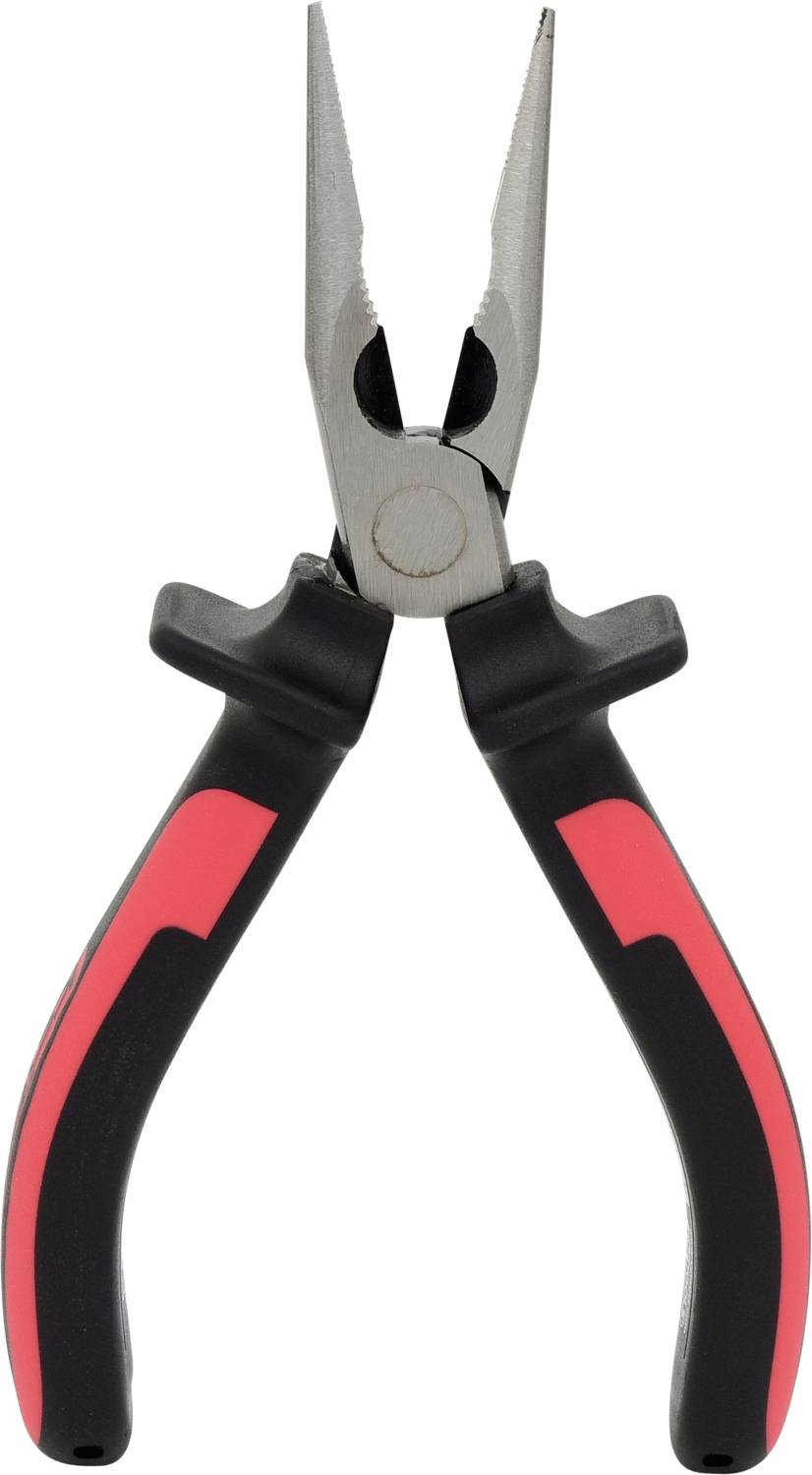 Eine Zange mit rotem und schwarzem Griff, bereit zum Greifen oder Schneiden von Draht.