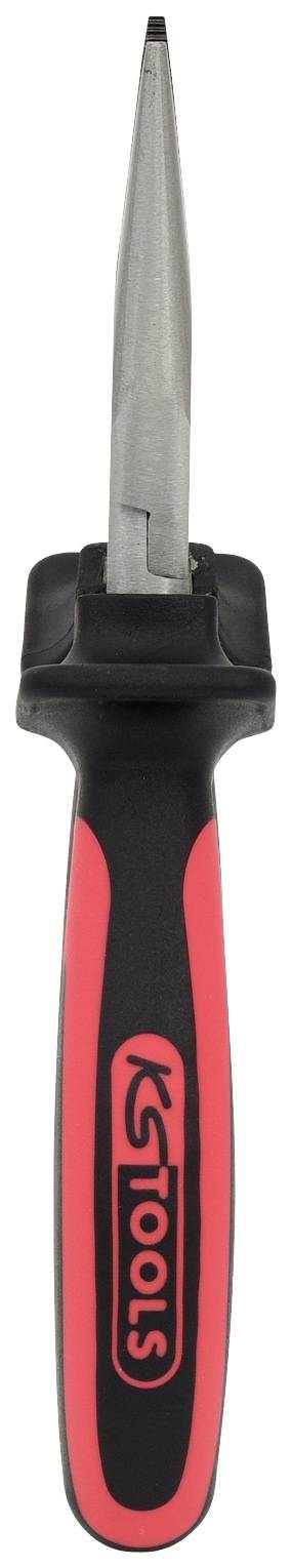 Ein rotes und schwarzes Werkzeug mit einer flachen, spitzen Metallklinge und einem ergonomischen Griff.