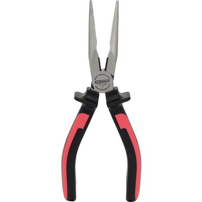 Spitze Zange mit schwarzen und roten Griffen, geeignet für präzises Greifen und Schneiden in handwerklichen Arbeiten.