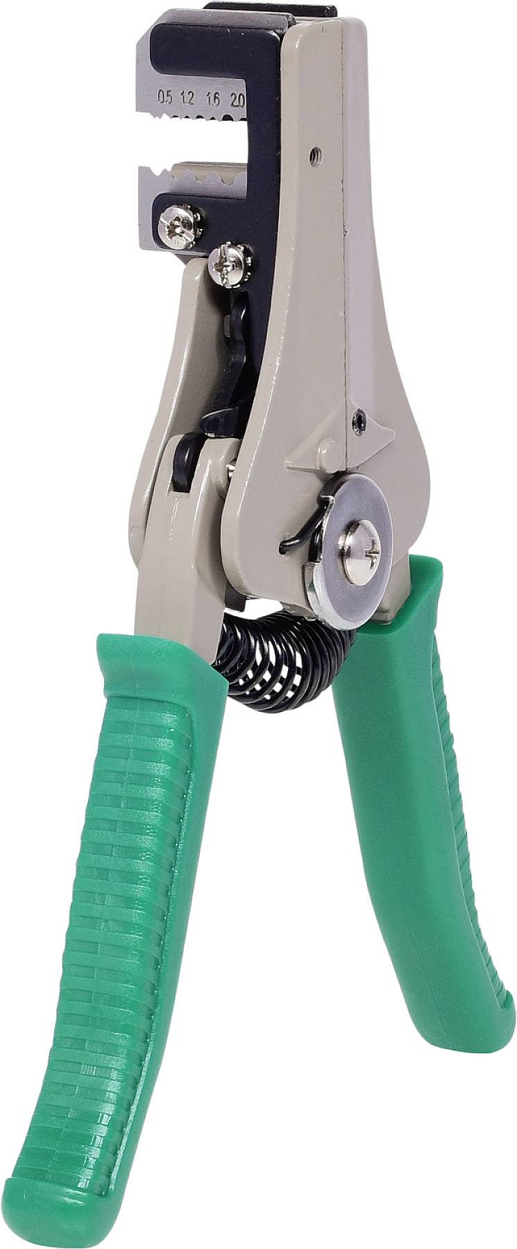 Abgebildet ist eine Abisolierzange mit grünen Griffen. Sie hat eine einstellbare Schraube für verschiedene Drahtgrößen.