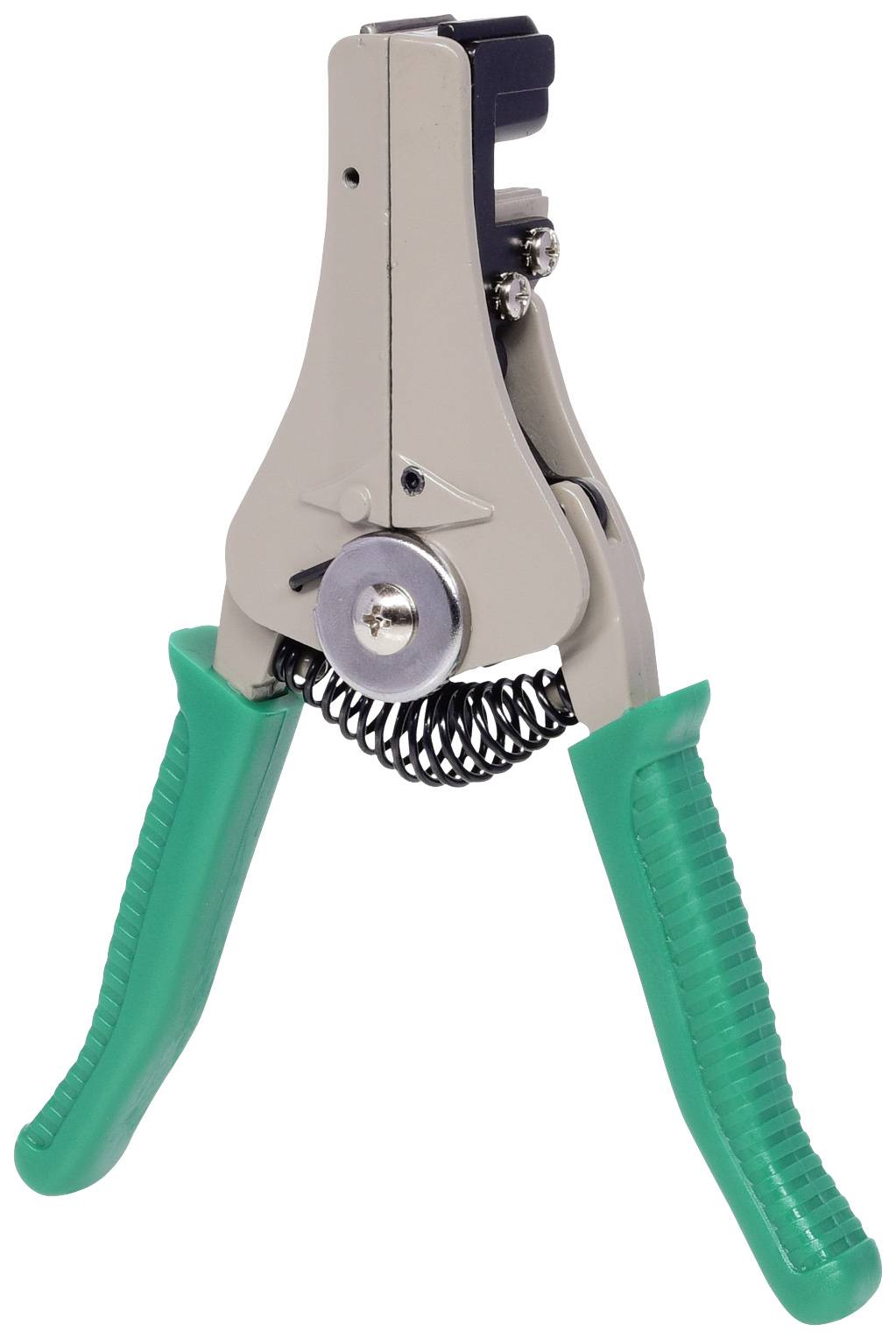 Abisolierzange mit grünen Griffen, Metallkörper und Federmechanismus zum Entfernen der Isolierung von elektrischen Kabeln.