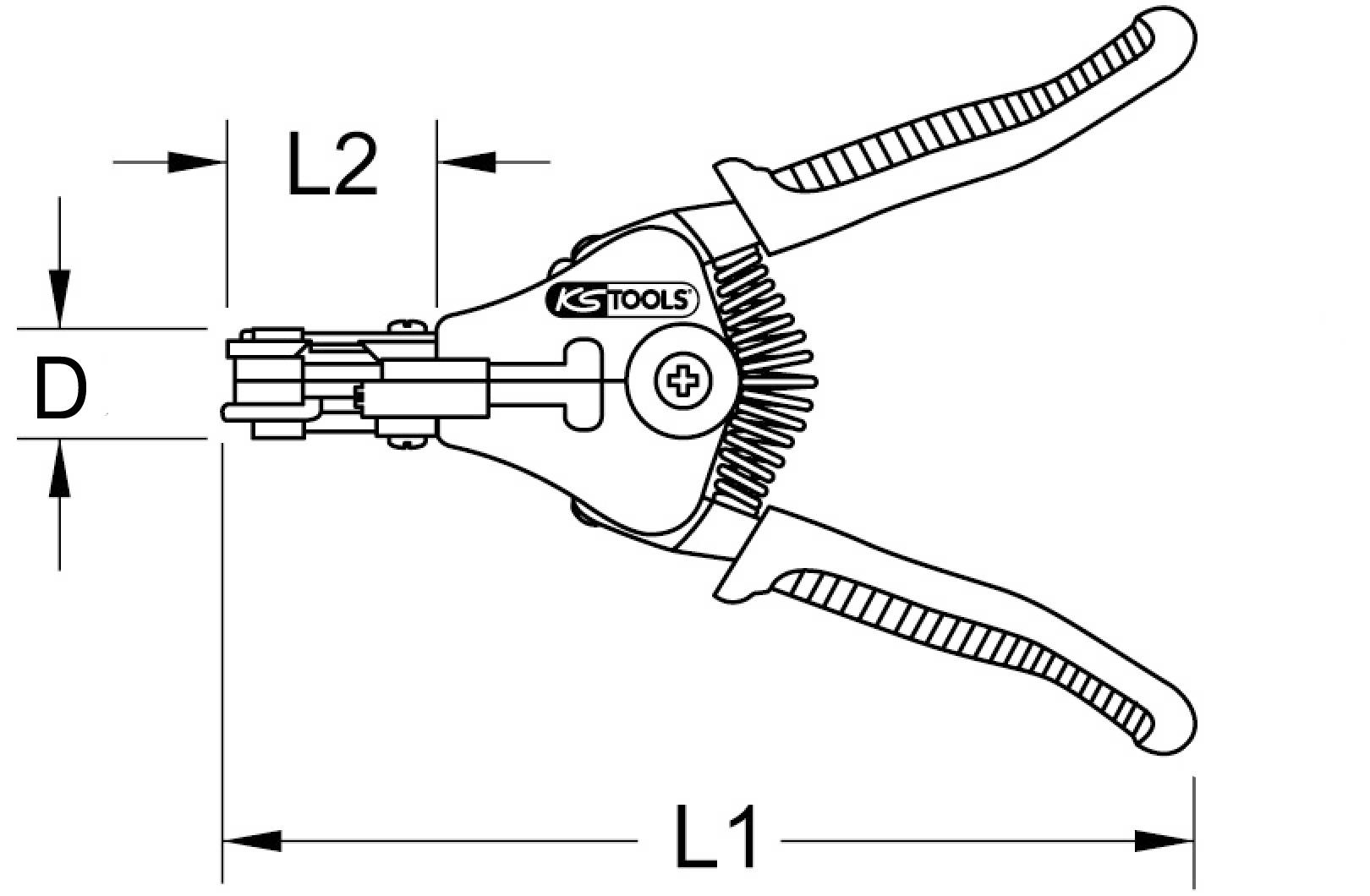 Handentmantler-Werkzeug mit ergonomischen Griffen. Markierungen L1, L2, und D zeigen technische Maße des Werkzeugs.