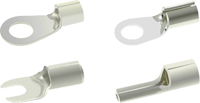 Vier verschiedene Metallkabelschuhe in unterschiedlicher Form und Öffnung. Oberflächen glänzend, zur Verbindung von Kabeln.