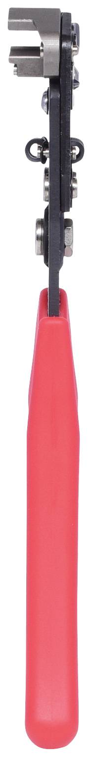 Ein Crimpwerkzeug mit rotem Griff, vertikal ausgerichtet, zeigt die Vorderseite mit sichtbaren Metallzangen am oberen Ende.