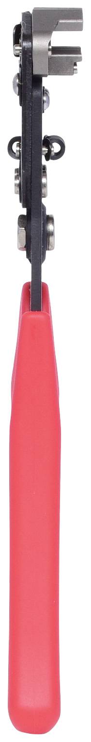 Ein Werkzeug mit rotem Griff und Metallmechanismus, vermutlich ein Abisolierzange, wird von der Seite gezeigt.