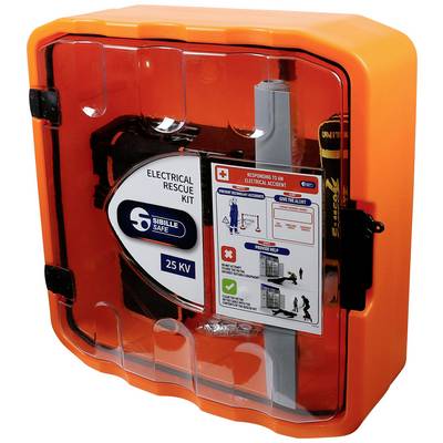 Ein orangefarbener Kasten mit der Aufschrift 'Electrical Rescue Kit 25 KV'. Darin befinden sich Anweisungen zur Rettung bei Stromunfällen.