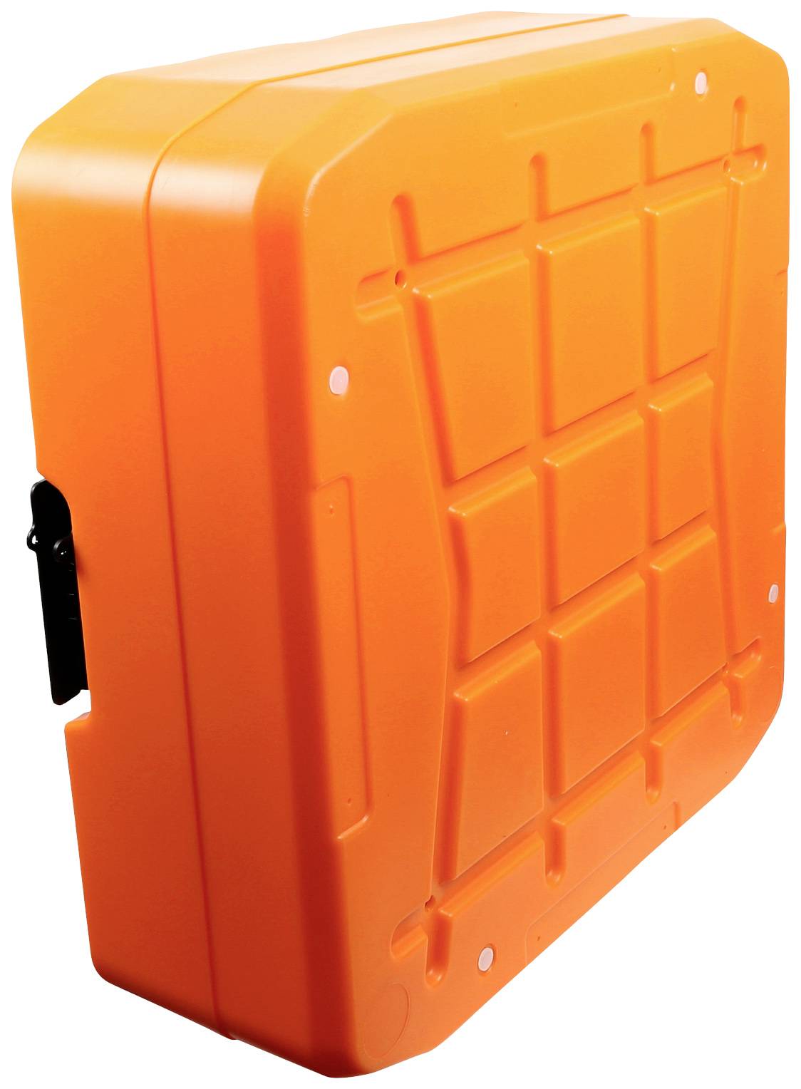 Ein leuchtend orangefarbener Kunststoffkoffer mit quadratischem Muster auf der Oberfläche, geeignet für robuste Lagerung und Transport.
