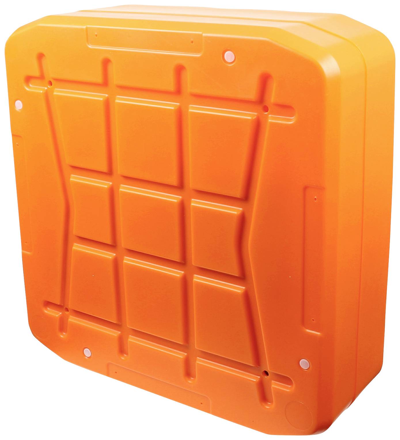 Orangefarbener rechteckiger Behälter mit quadratischem Muster.