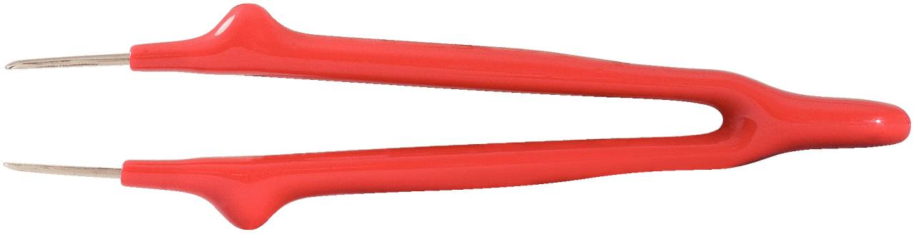 Rote Kunststoffpinzette mit spitzen Metallenden, geeignet für elektrostatische Arbeiten oder zum Greifen kleiner Objekte.
