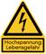 Dreieckiges gelbes Warnschild mit schwarzem Blitzsymbol. Darunter Text: 'Hochspannung Lebensgefahr'. Warnt vor elektrischem Risiko.