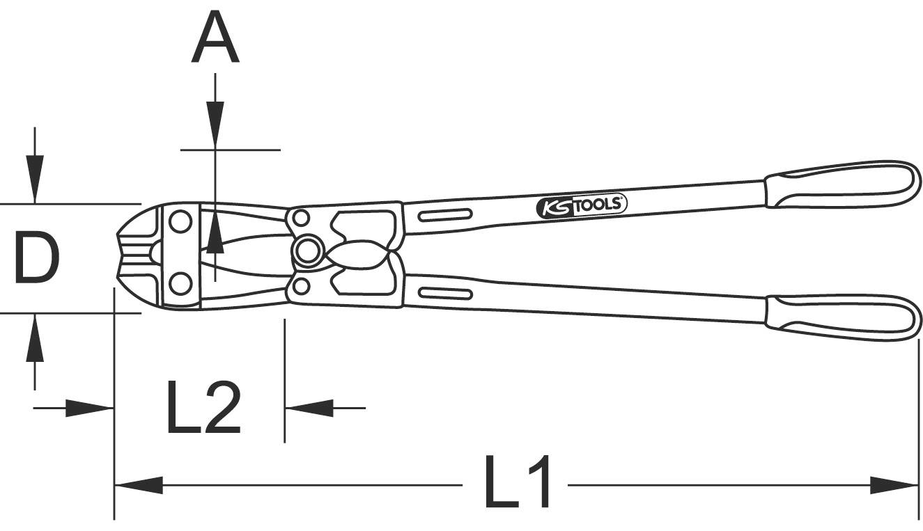 Die Abbildung zeigt eine Draufsicht auf einen Bolzenschneider von KS Tools mit markierten Maßen A, D, L1 und L2.