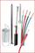 Diverse Kabel und Komponenten: Federspirale, Schraube, Stahlseil, vier abisolierte Drähte in verschiedenen Farben und ein rotes Kabel.