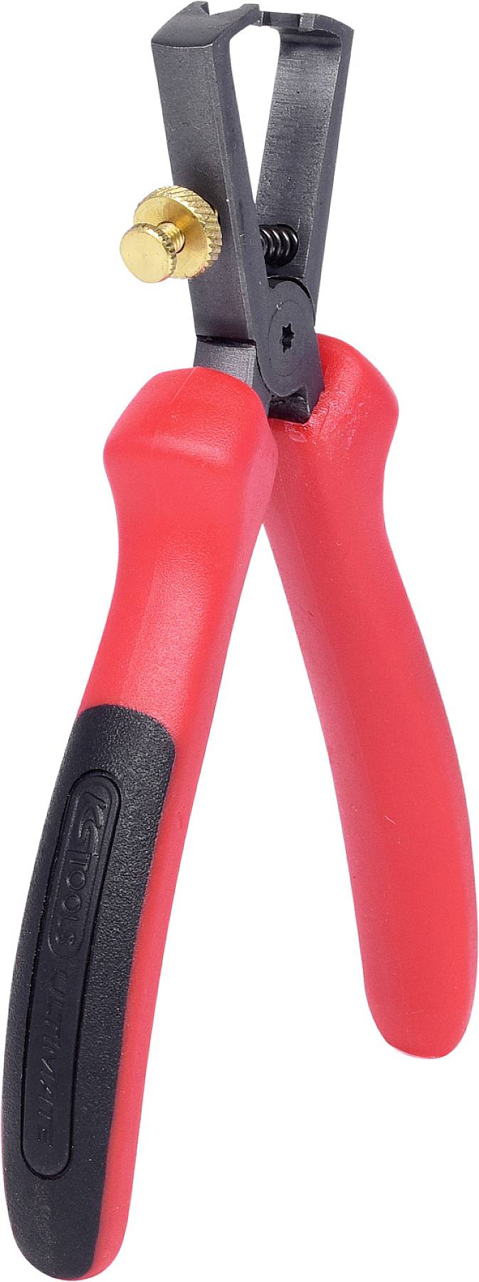 Ein roter Abisolierer mit verstellbarem Messing-Schraubenelement zur Anpassung; ergonomische Griffe aus Kunststoff für sicheren Halt.