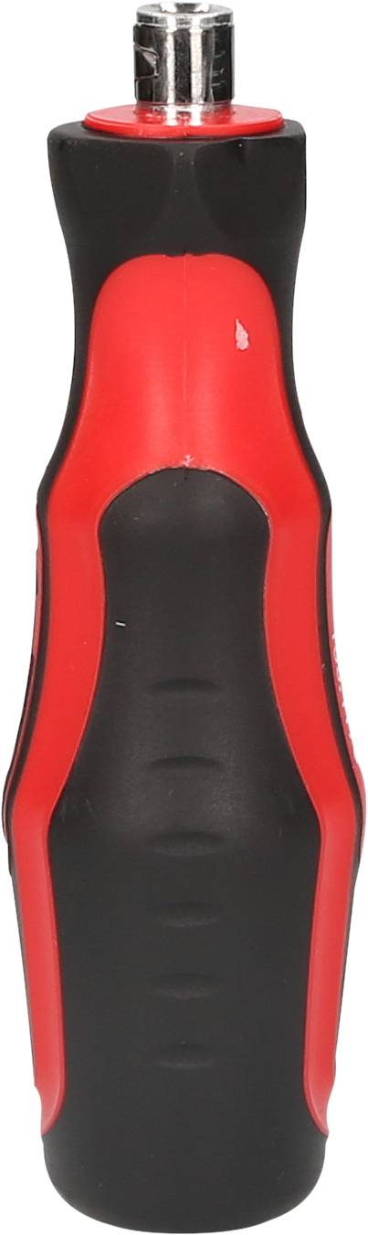 Ein schwarz-roter Schraubendrehergriff mit ergonomischem Design und rutschfester Oberfläche, geeignet für handwerkliche Arbeiten.