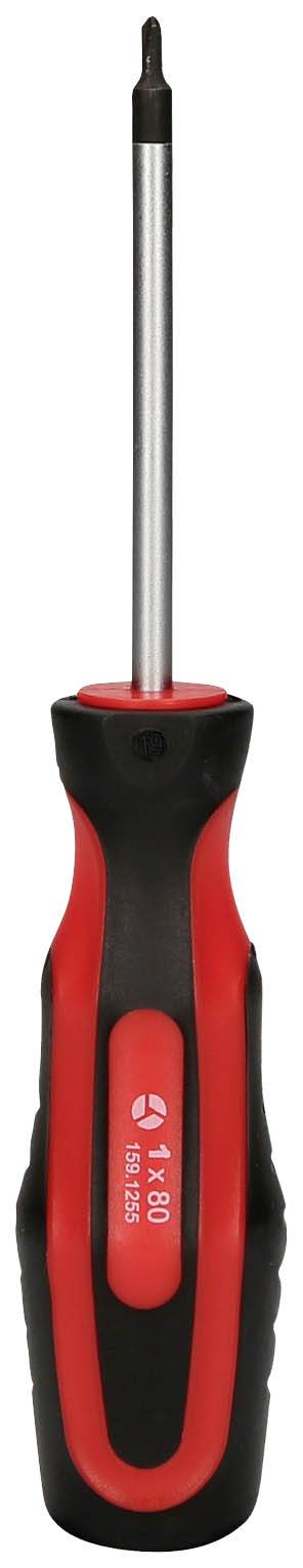 Ein roter und schwarzer Kreuzschlitzschraubendreher mit ergonomischem Griff, stehend aufrecht.