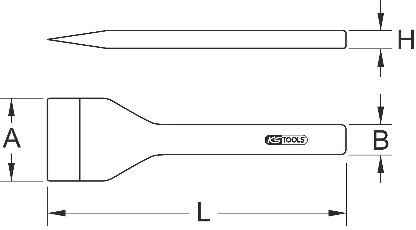 Technische Zeichnung eines Flachmeißels mit Beschriftung der Maße: A, B, L, H. Основной фокус на Form und Größe.