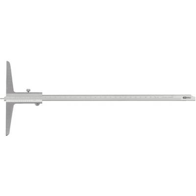 Tiefenmesser aus Metall mit Skala zum Messen von Tiefen in mechanischen Objekten. Enthält eine seitliche Skala für präzise Ablesung.