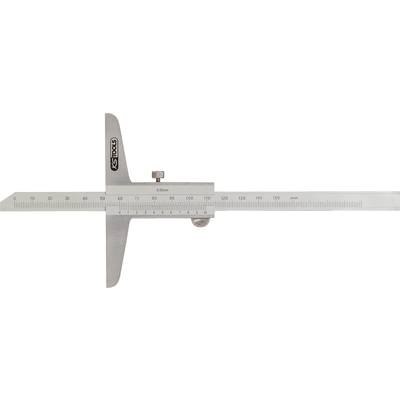 Auf dem Bild ist ein Edelstahl-Tiefenmesser mit einer Skala von 0 bis 200 mm zu sehen. Er verfügt über einen Messschieber zur genauen Tiefenmessung.