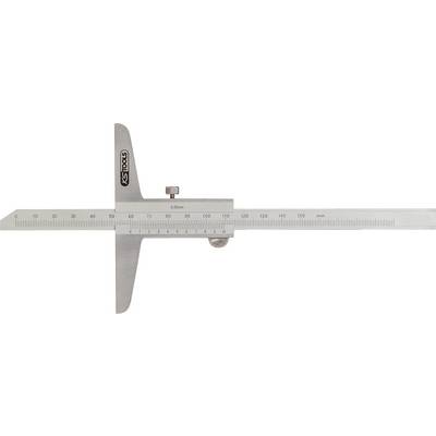 Stahl-Tiefenmesser auf weißem Hintergrund. Messskala von 0 bis 200 mm. Ideal zur Bestimmung von Tiefen in Präzisionsarbeiten.