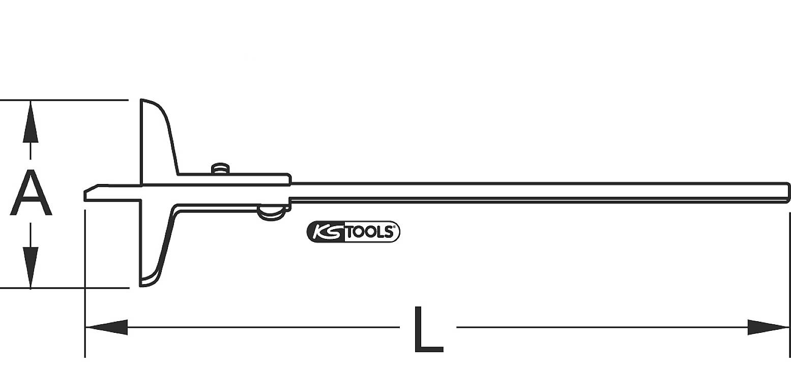 Illustration eines Tiefenmessgeräts der Marke KS TOOLS, das Maße 'A' und 'L' anzeigt.