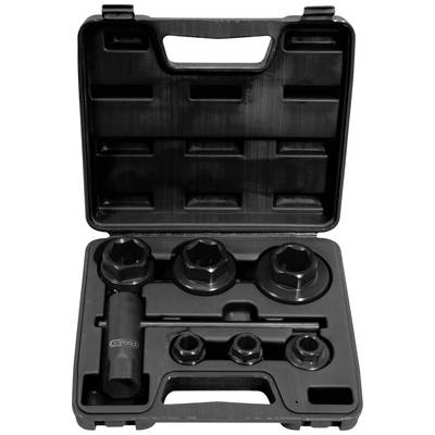 Schwarzer Werkzeugkoffer mit verschiedenen Steckaufsätzen und einer Verlängerung für Schraubenschlüssel. Ideal für Reparaturen.