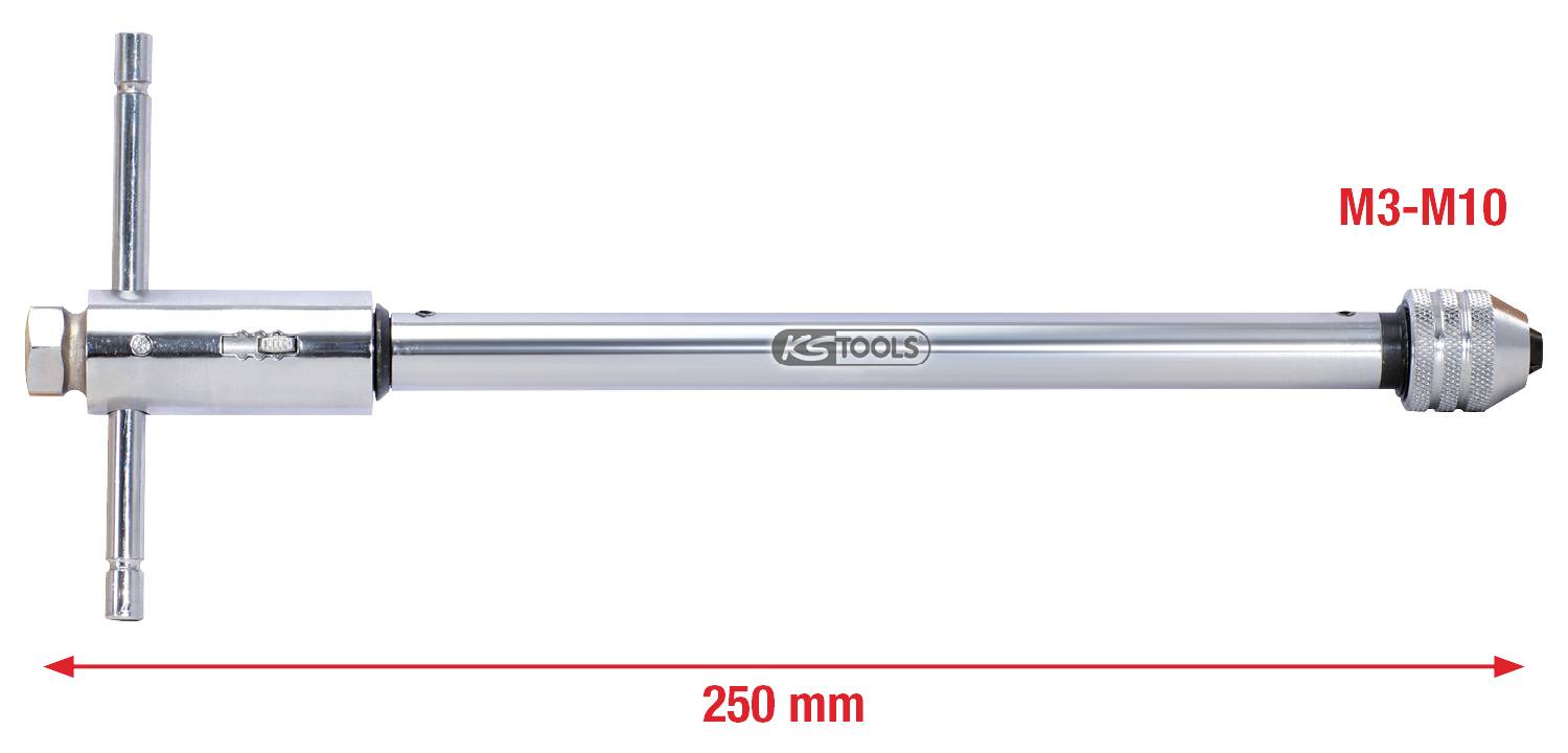 Ein silberner Gewindebohrerhalter mit T-förmigem Griff, gekennzeichnet mit 'KS Tools', geeignet für M3-M10, Länge 250 mm.