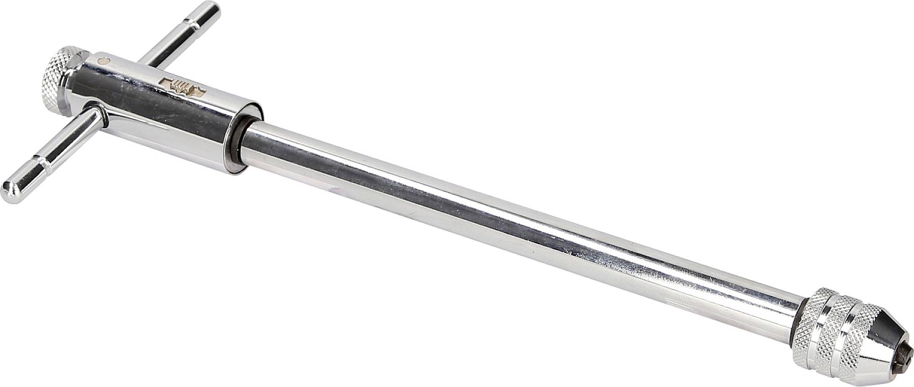 Ein verstellbarer Windeisen-Werkzeughalter mit T-Griff aus Metall, verwendet zum Spannen und Halten von Bohrwerkzeugen oder Gewindebohrern.
