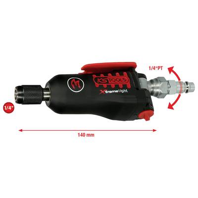 'Druckluft-Stabschleifer in Schwarz und Rot, 140 mm Länge, 1/4" Anschluss, und ergonomischem Griff für präzise Arbeiten.'