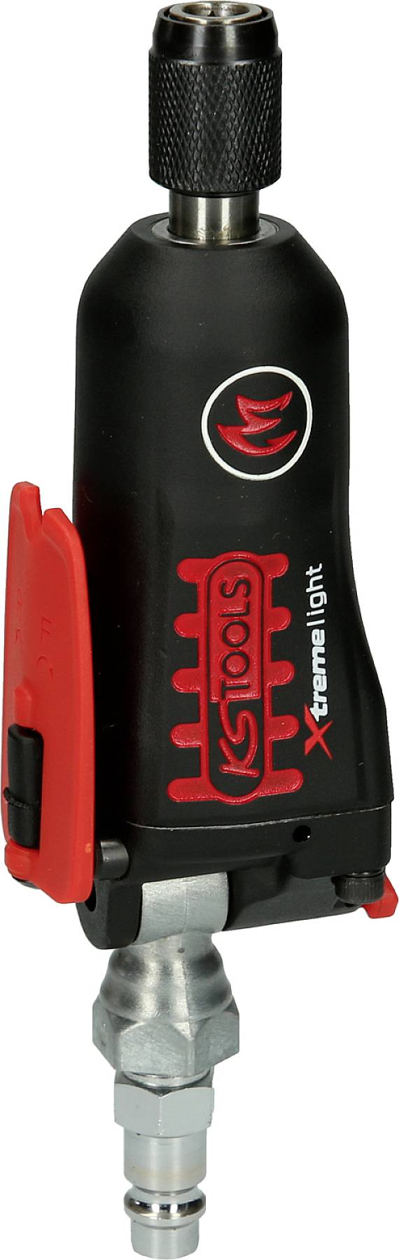 Ein pneumatischer Schrauber mit schwarzer Hülle, rotem Logo und einem silbernen Anschluss unten. Designed für präzise Montagearbeiten.