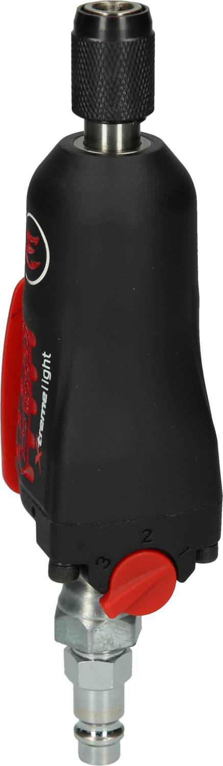 Druckluftschrauber mit schwarzem Gehäuse, rotem Drehregler und silbernem Anschluss. Designed für leichte Bauweise und vielseitige Einsätze.