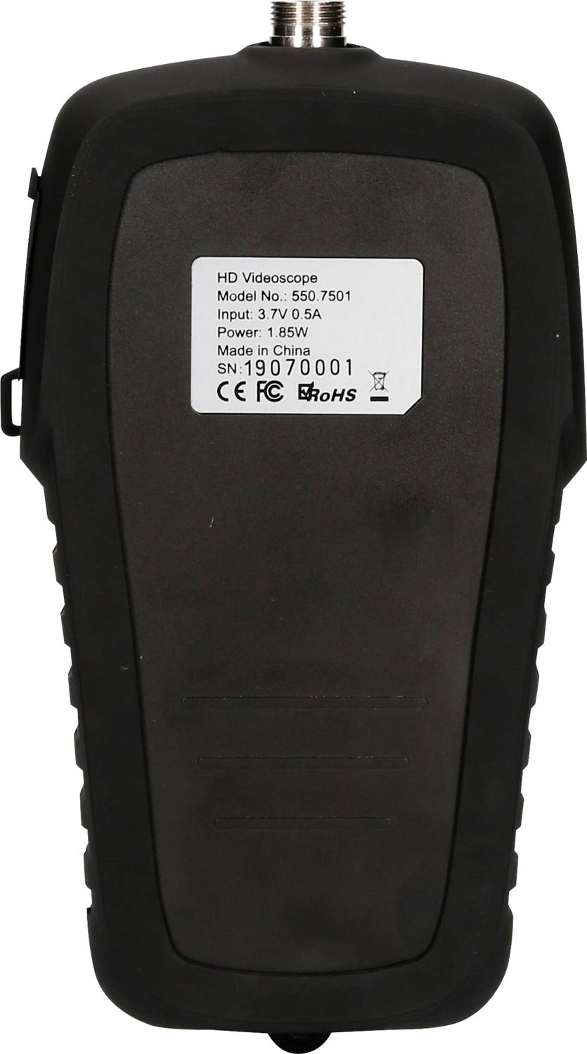 Rückseite eines HD-Videoskops mit Produktdetails: Modell-Nr. 550-7501, Eingang 3,7 V 0,5 A, Leistung 1,85 W, SN: 19070001.