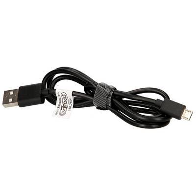Schwarzes USB-Kabel mit Micro-USB-Anschluss und Etikett, aufgerollt und mit Klettverschluss zusammengehalten.