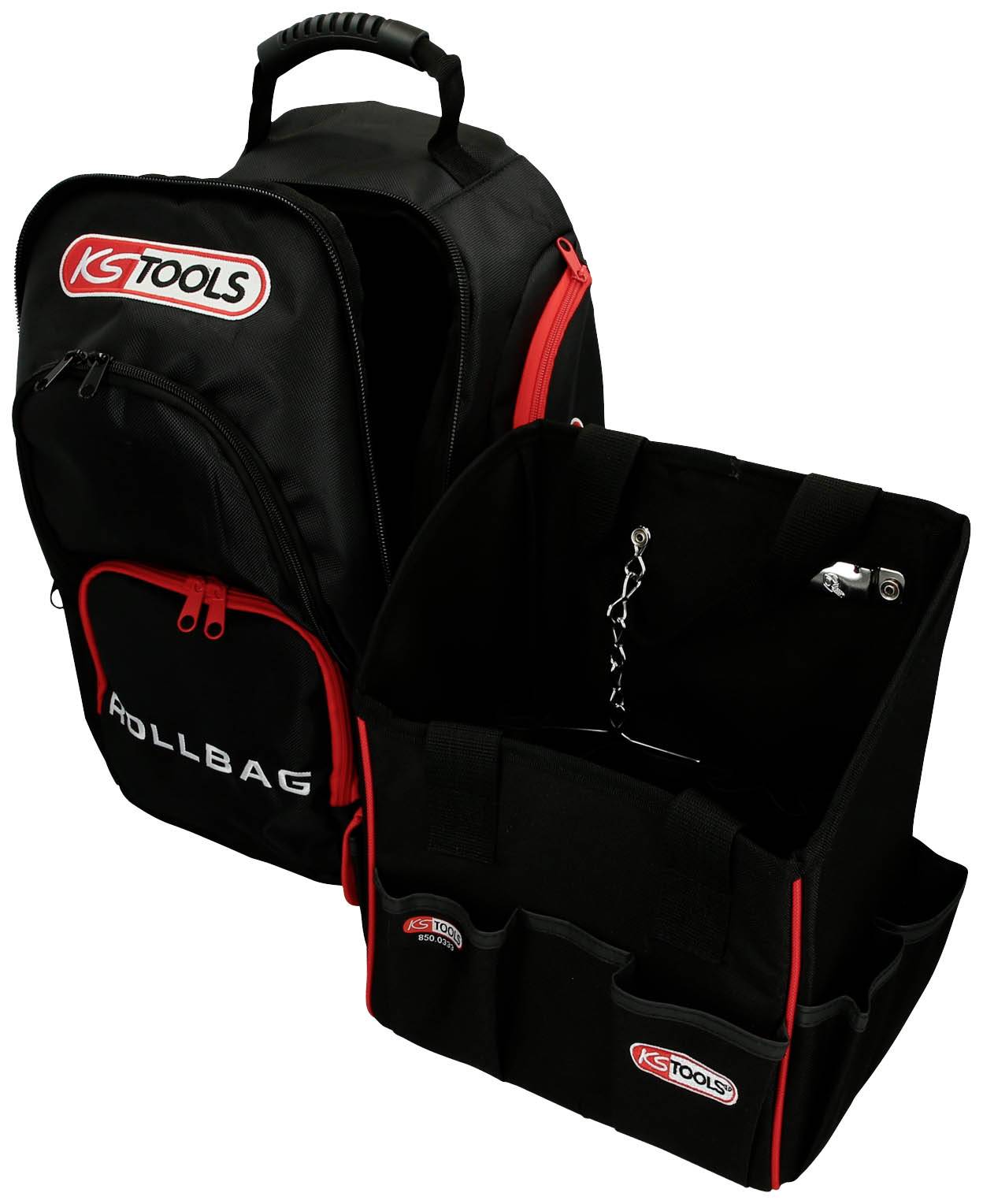 'Schwarzer Werkzeugsrucksack mit roten Reißverschlüssen und mehreren Fächern der Marke KS Tools, ideal zum Organisieren von Werkzeugen.'