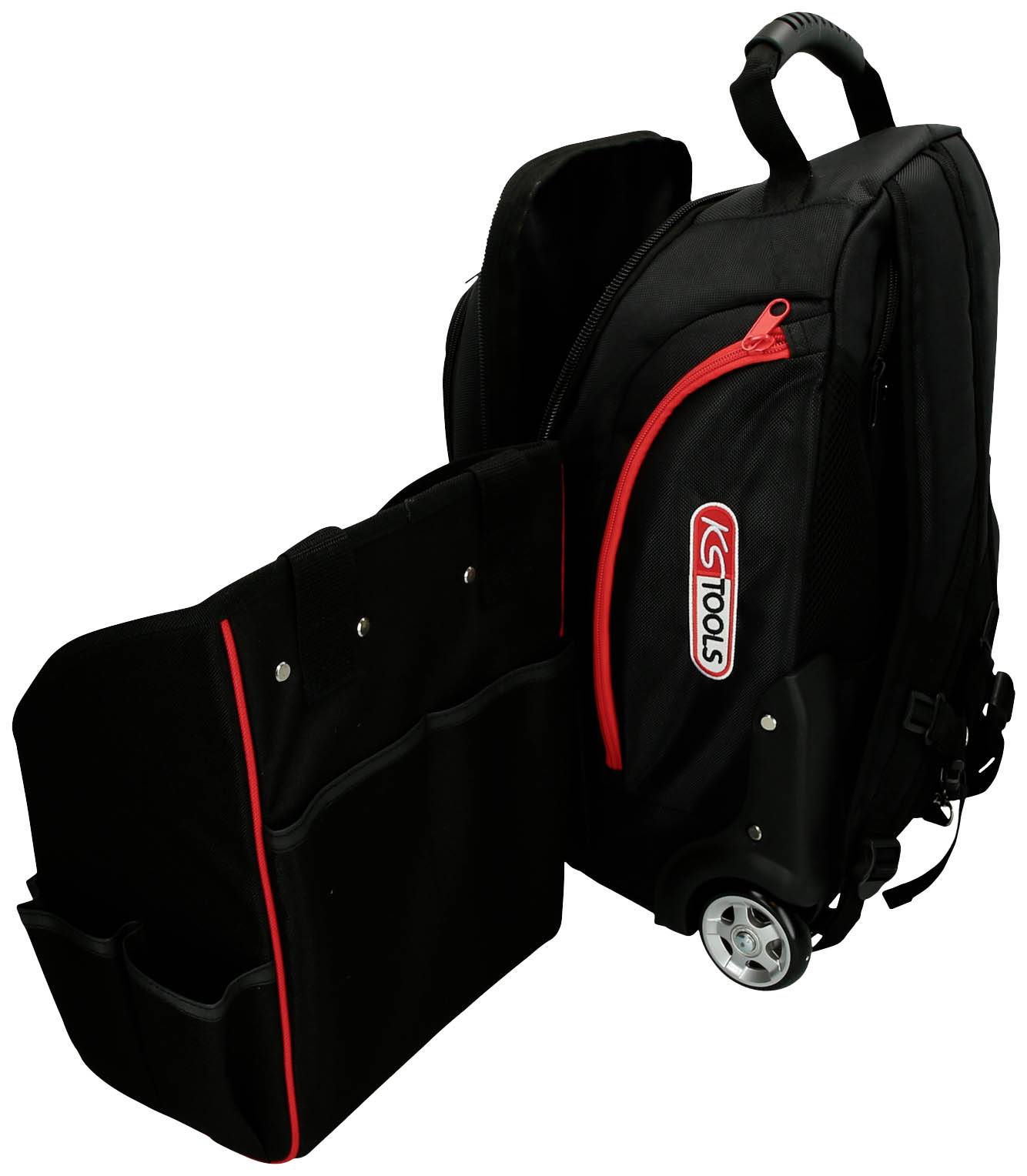 Werkzeugrucksack mit Rollen, offen, zeigt mehrere Fächer zur Aufbewahrung. Enthält ein Werkzeugmodul mit Taschen für verschiedene Werkzeuge.