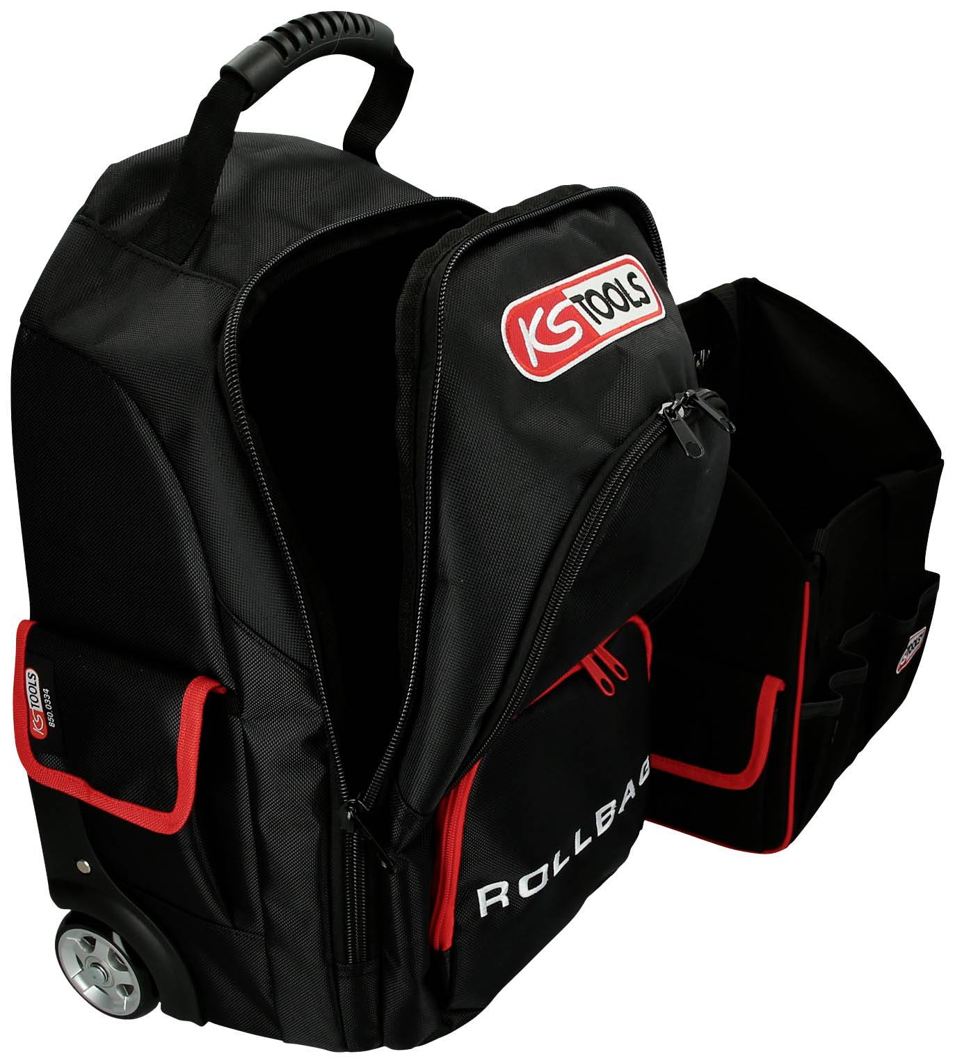 Werkzeug-Rucksack mit Rollen, schwarzes Design, mehreren Fächern und rotem Logo. Ideal für transportierbares Werkzeug.