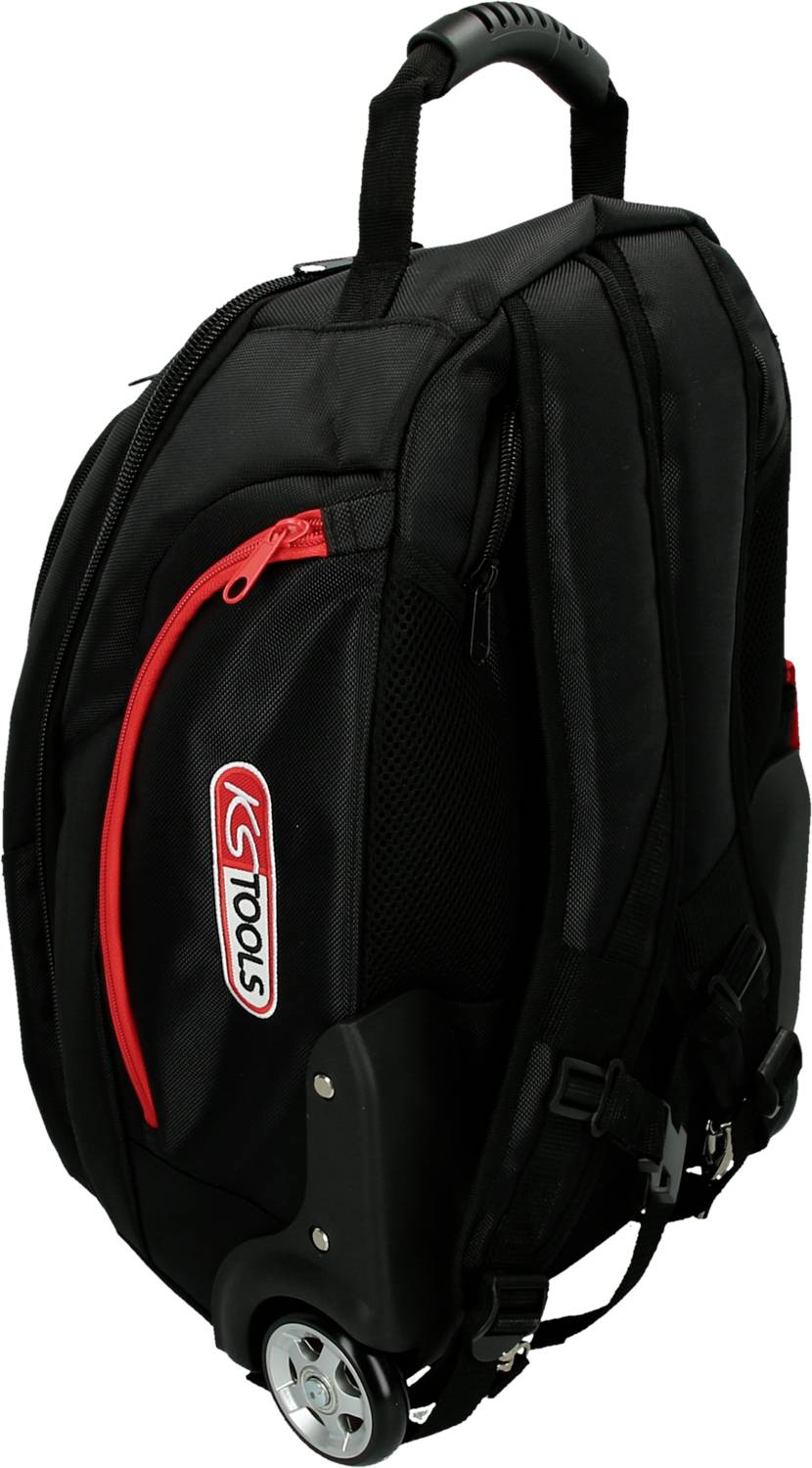 Schwarzer Rucksack mit Rollen, rotem Reißverschluss und Logo mit 'KS Tools'. Gepolsterter Griff oben, seitlich kleine Tasche.