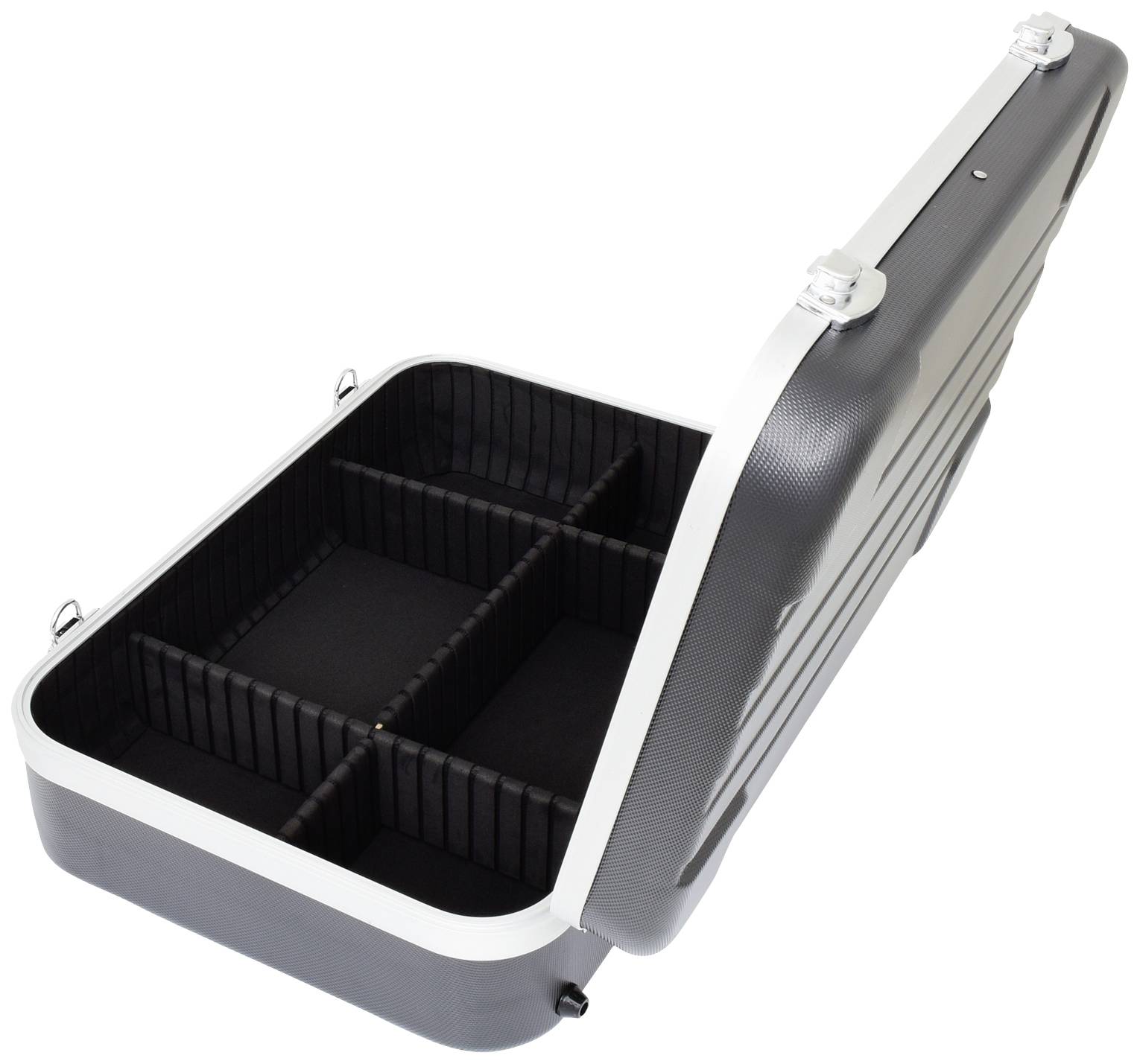 Geöffneter schwarzer Hartschalenkoffer mit Fächern.