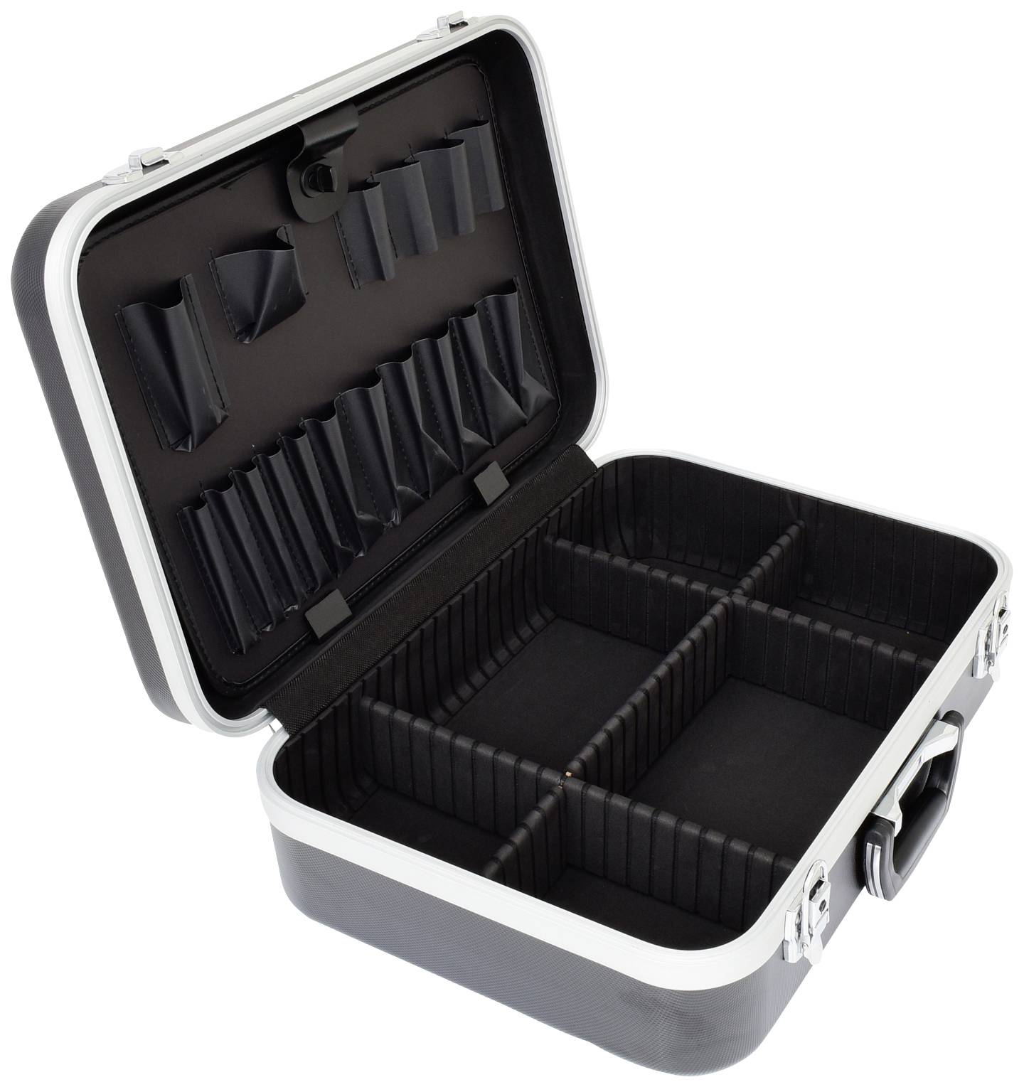 Offener schwarzer Koffer mit mehreren Fächern und Taschen zur Aufbewahrung kleinerer Gegenstände. Geeignet für ordentliche Aufteilung.