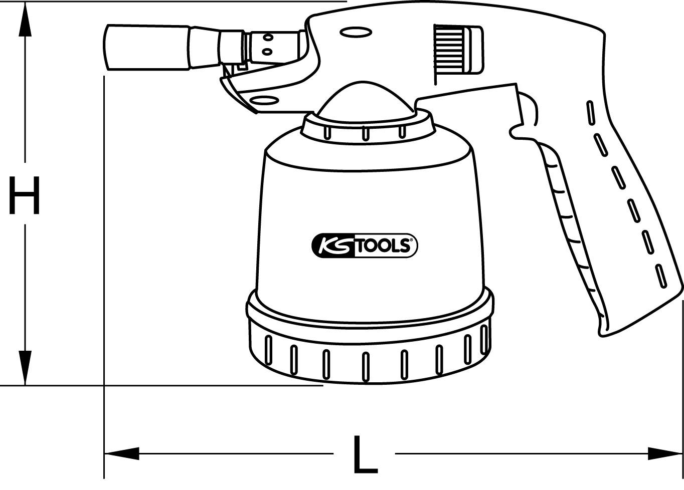 'KS Tools' Druckluft-Pistole mit Behälter, Seitenansicht, zeigt Länge (L) und Höhe (H). Verwendet für Sprühanwendungen.