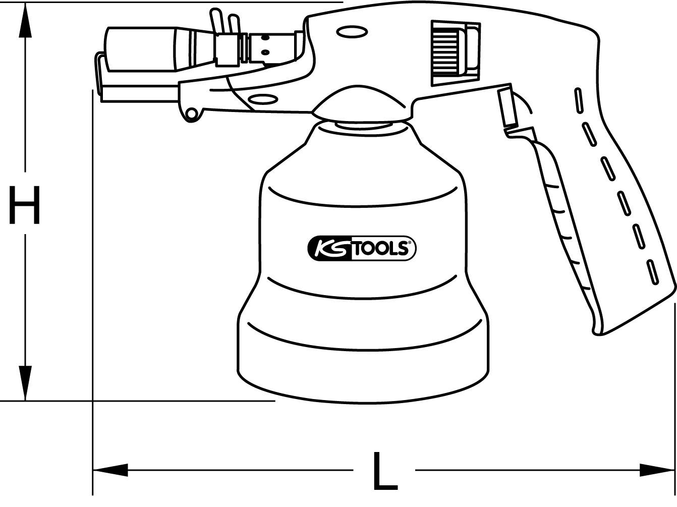Abgebildet ist eine technische Zeichnung eines Druckluft-Reinigungsgeräts von KS Tools mit Markierungen für Höhe (H) und Länge (L).