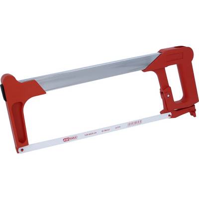 Eine rote Bügelsäge mit Metallsägeblatt, geeignet für das Sägen von Metall.
