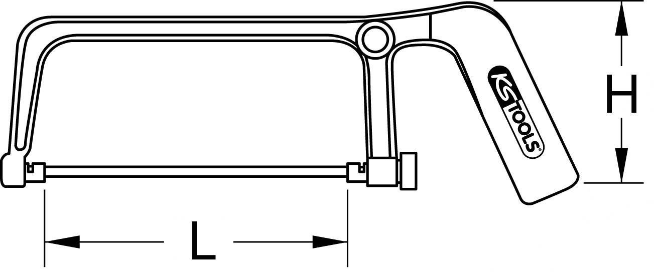 Abbildung einer Metallsäge mit den Maßen Länge (L) und Höhe (H), Griff mit 'KS Tools' Beschriftung.