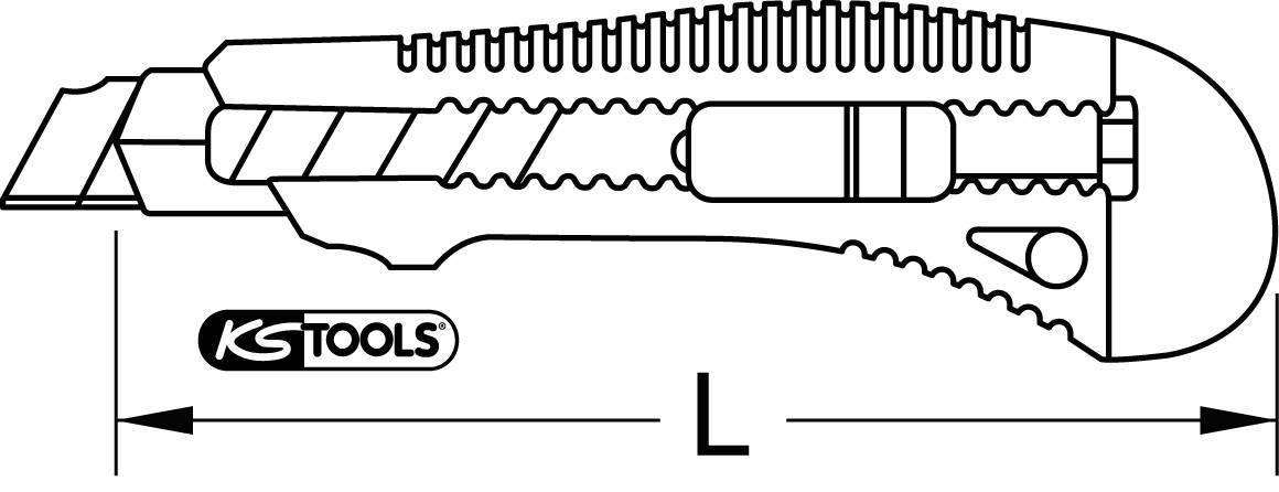 'Cutter-Messer mit einziehbarer Klinge und gezahnter Griff, Marke KS Tools. Abmessungslinie zeigt Länge L mit Pfeilen an den Enden.'