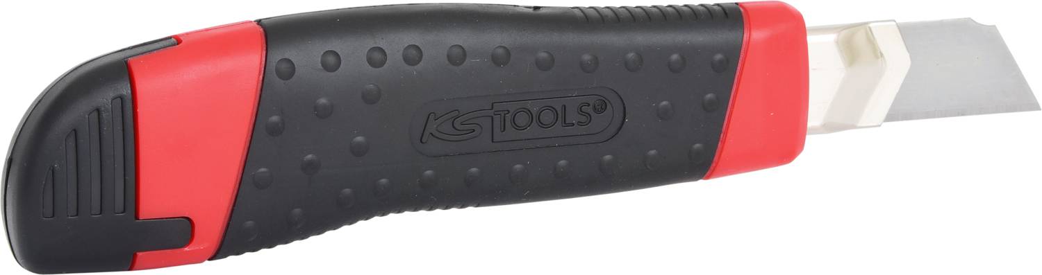 Schwarzes und rotes Cuttermesser mit ergonomischem Griff und eingezogener Klinge, geeignet für präzise Schneidearbeiten.